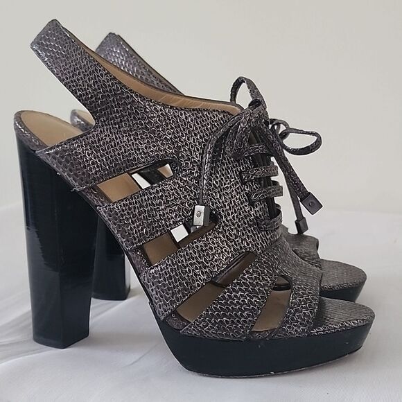 Coach Moreen Metalic Snake Embossed Leather Platform Heels Peep Toe Shoes 7.5 AD - Picture 1 of 11